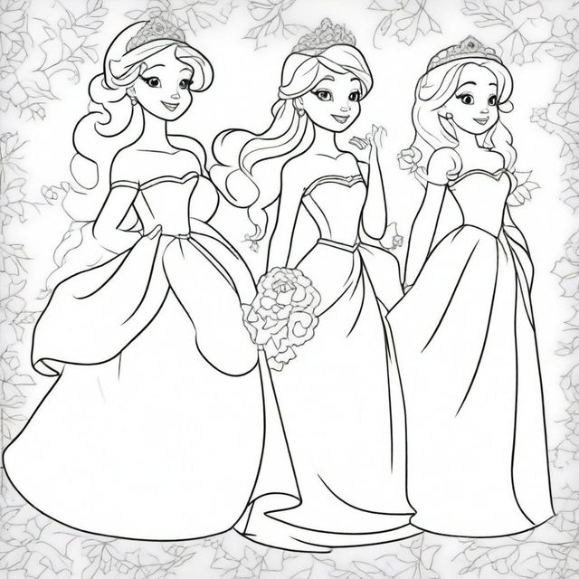 A high-quality line art image perfect for coloring, featuring princesses in dynamic poses