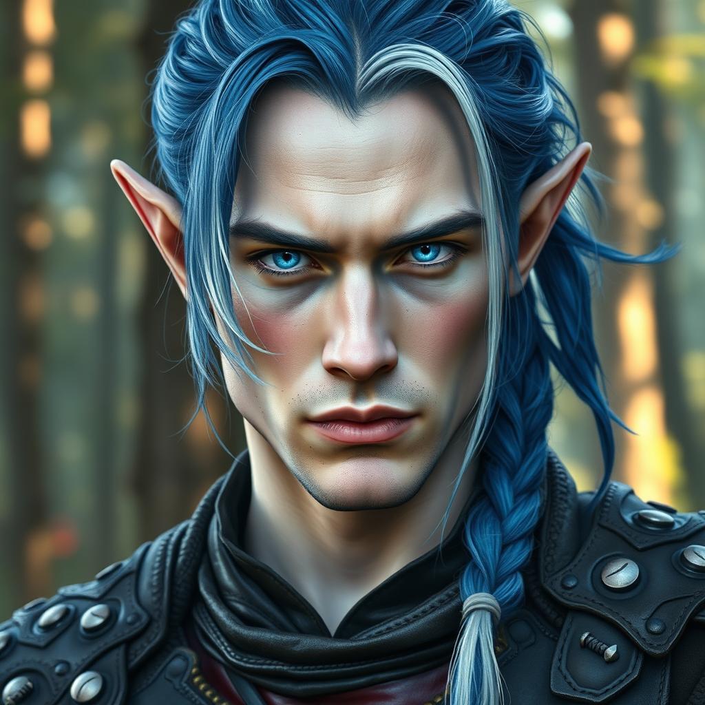 A captivating male elf in his late 30s, featuring elegantly pointed ears and striking piercing blue eyes that reflect intelligence and depth