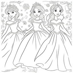 A high-quality line art image perfect for coloring, featuring princesses in dynamic poses