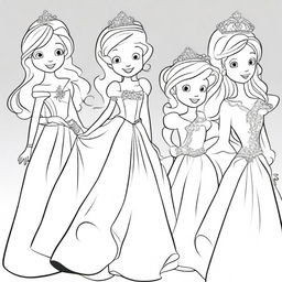 A high-quality line art image perfect for coloring, featuring princesses in dynamic poses