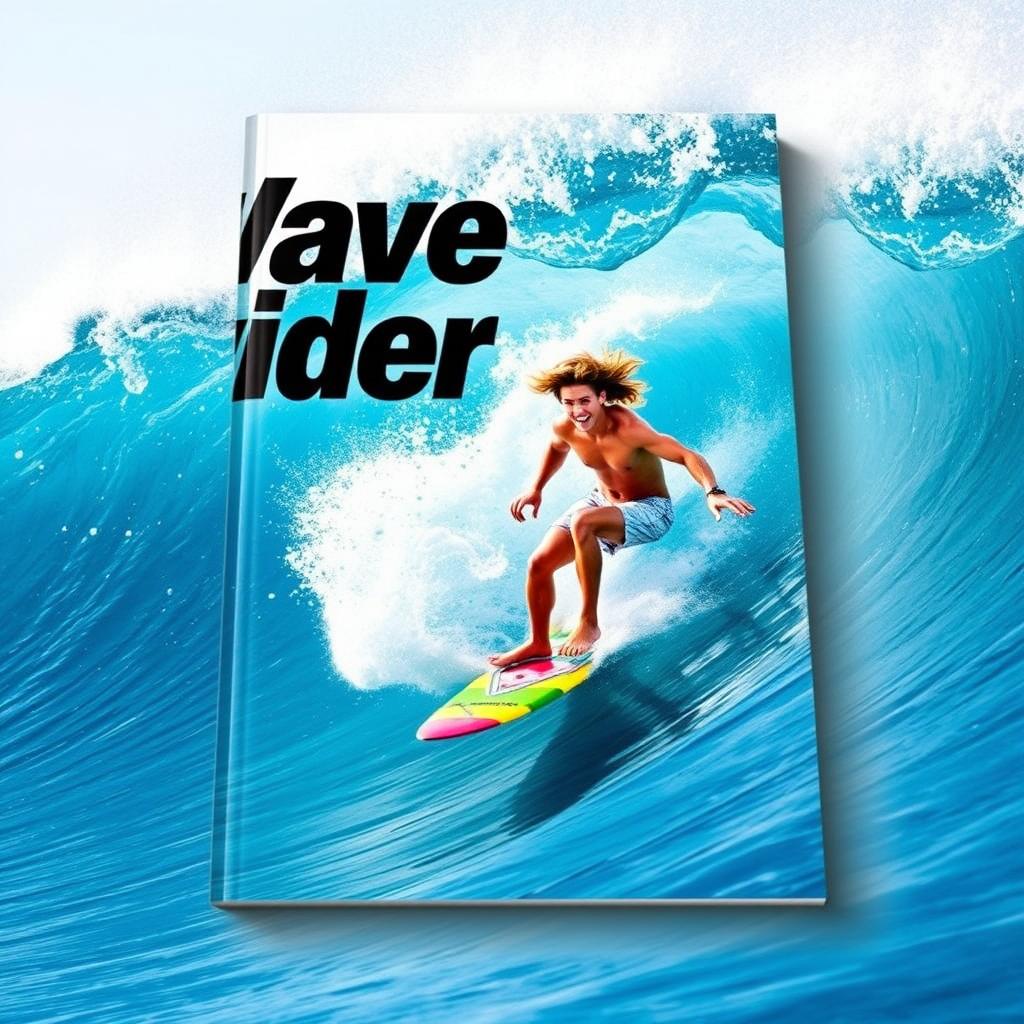 A dynamic book cover design featuring a surfer riding a massive wave, captured in a moment of high energy and excitement