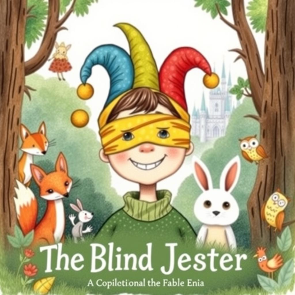 A whimsical and enchanting book cover for a children's fable titled 'The Blind Jester