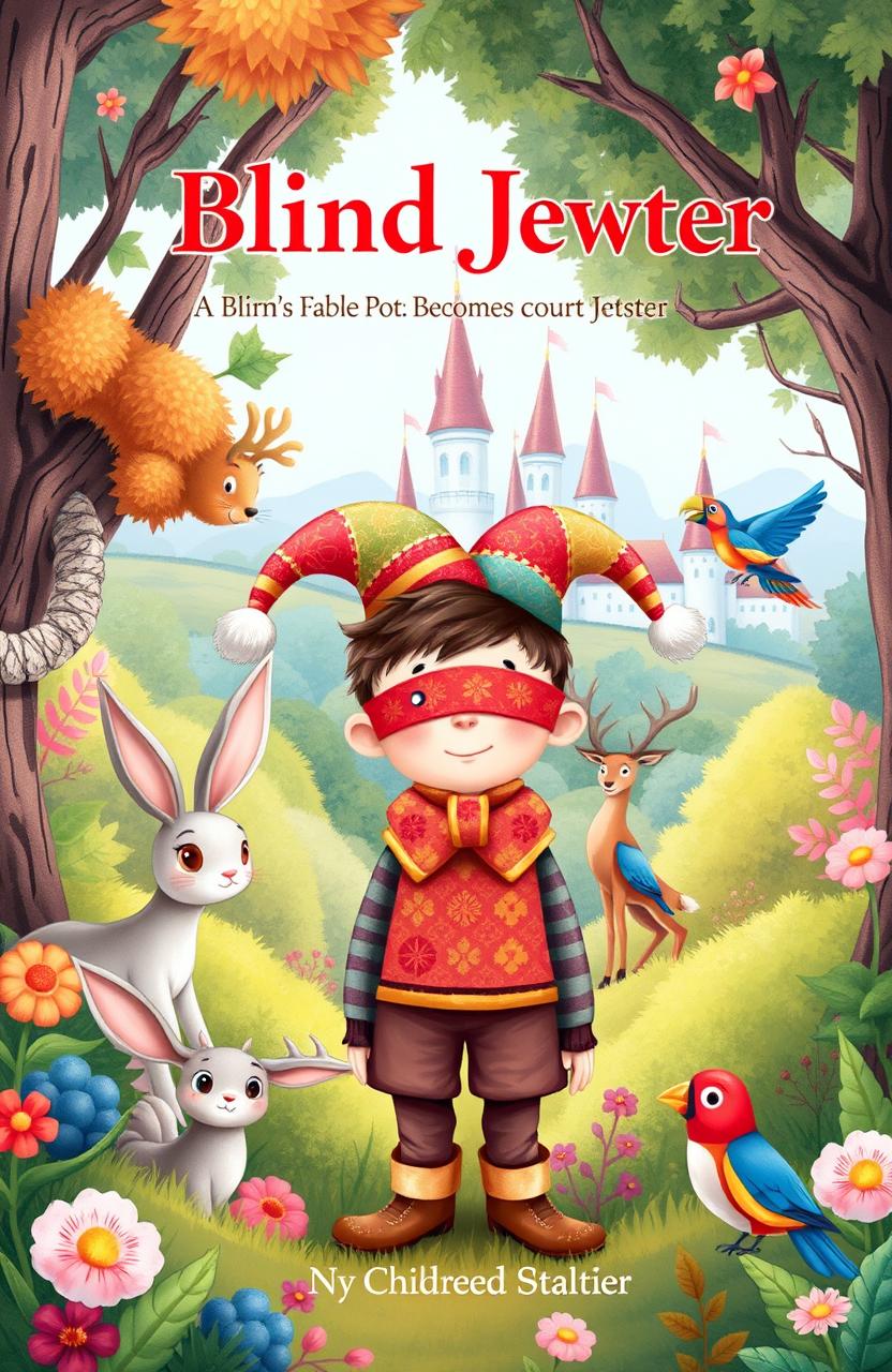 A whimsical book cover illustration for a children's fable featuring a blind boy who becomes a court jester