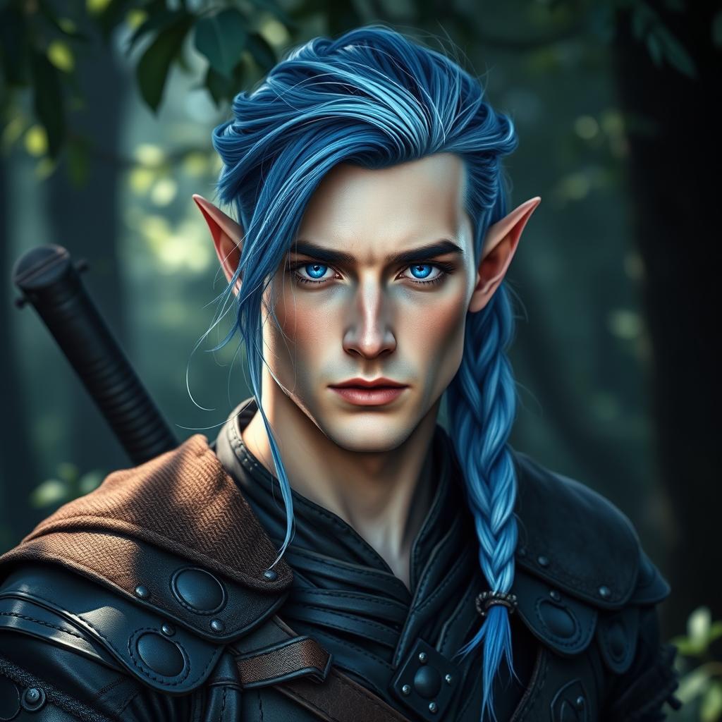 A captivating male elf in his early 30s, featuring elegantly pointed ears and piercing blue eyes that radiate strength and wisdom