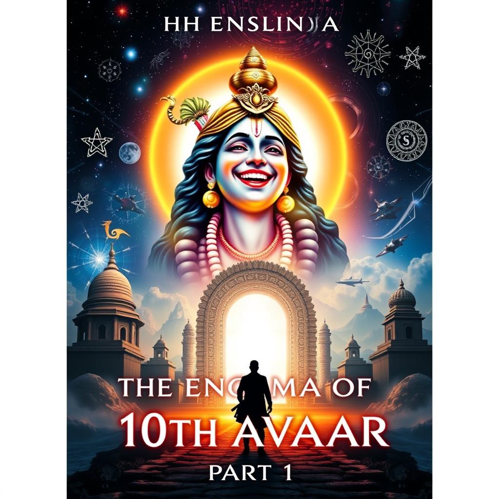 An epic book cover featuring Lord Krishna laughing joyfully, bathed in a celestial glow, with his eyes reflecting the vastness of the universe