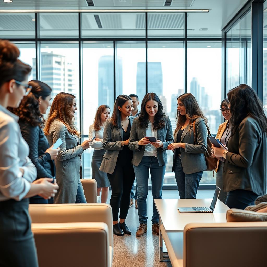 A modern glass office environment filled with people engaging in a card payment transaction