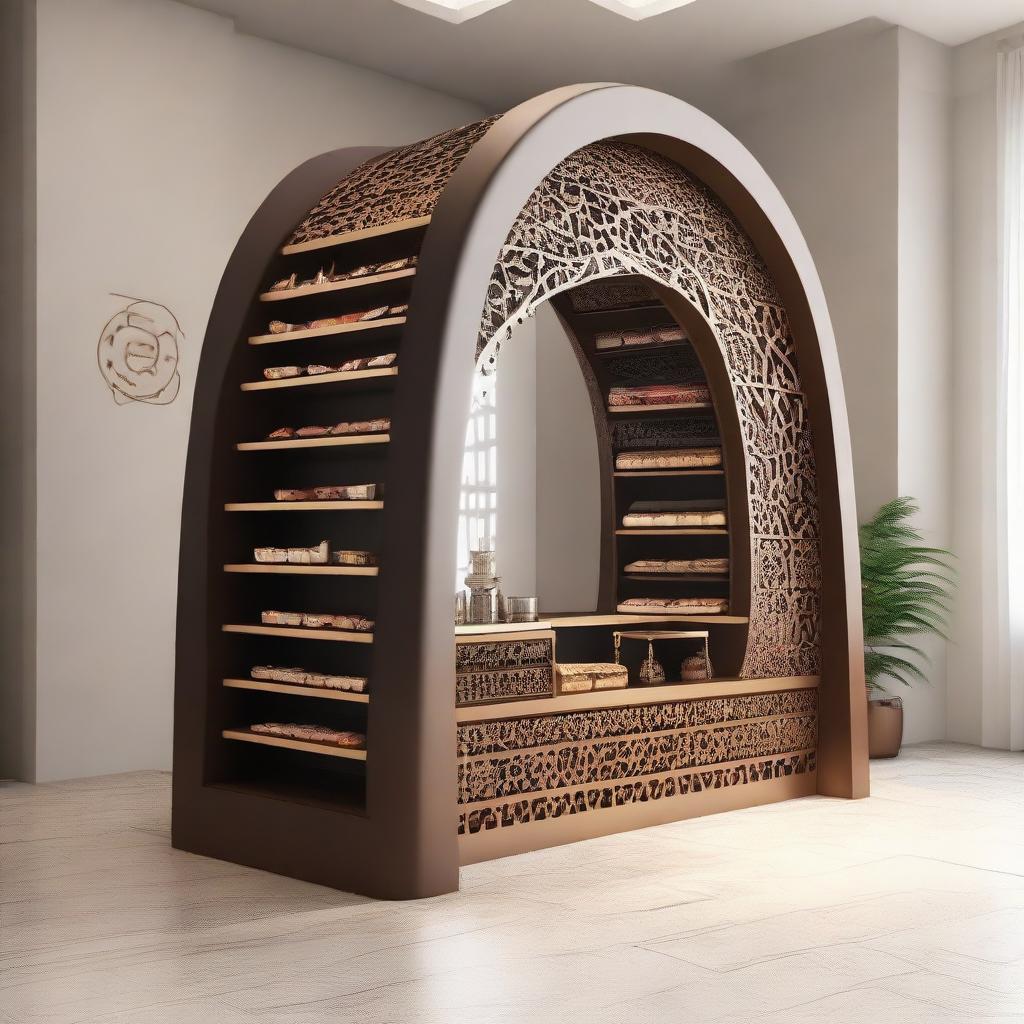 A point of sale chocolate stand designed with a modular structure that resembles an Islamic arch, featuring graceful curves and intricate patterns. The overall shape echoes traditional Islamic architecture, harmoniously blending cultural aesthetics with modern functionality.