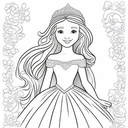 A high-quality line art image perfect for children's coloring, featuring a princess with a beautiful smile