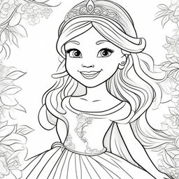 A high-quality line art image perfect for children's coloring, featuring a princess with a beautiful smile