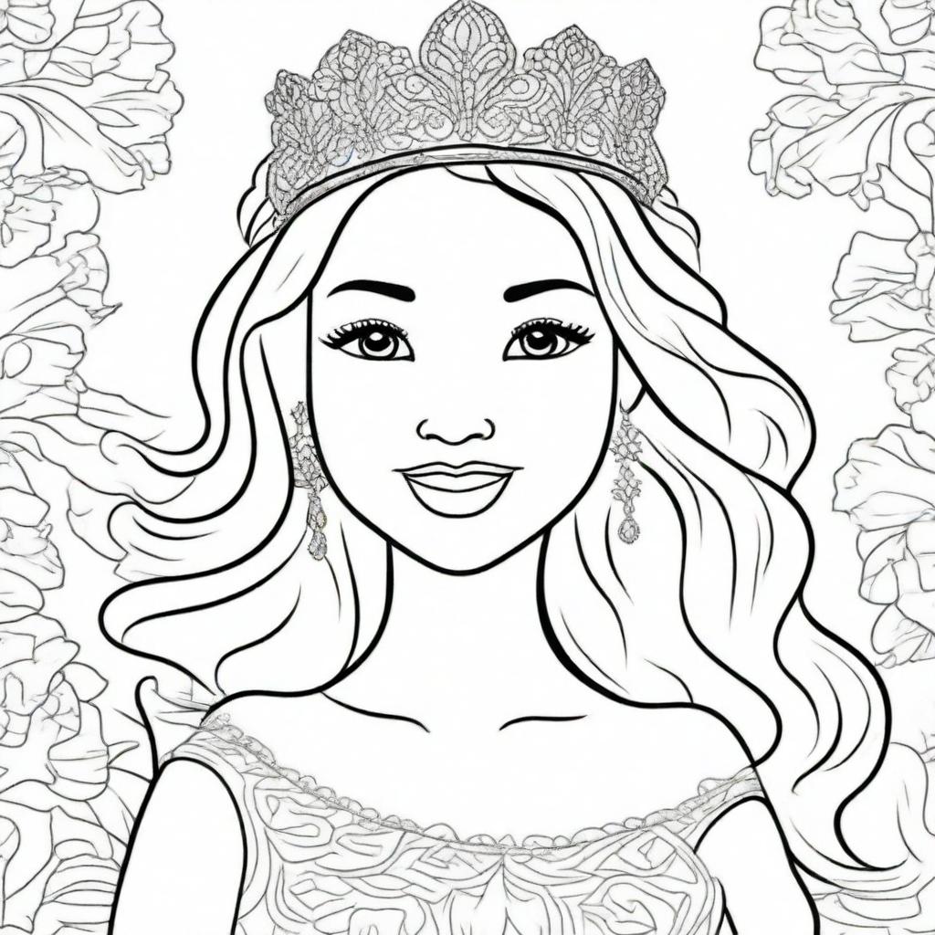 A high-quality line art image perfect for children's coloring, featuring a princess with a beautiful smile