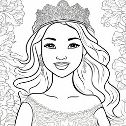 A high-quality line art image perfect for children's coloring, featuring a princess with a beautiful smile