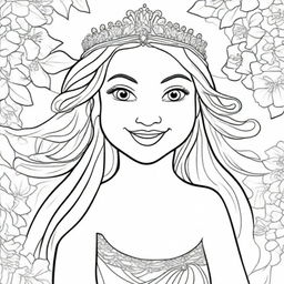 A high-quality line art image perfect for children's coloring, featuring a princess with a beautiful smile