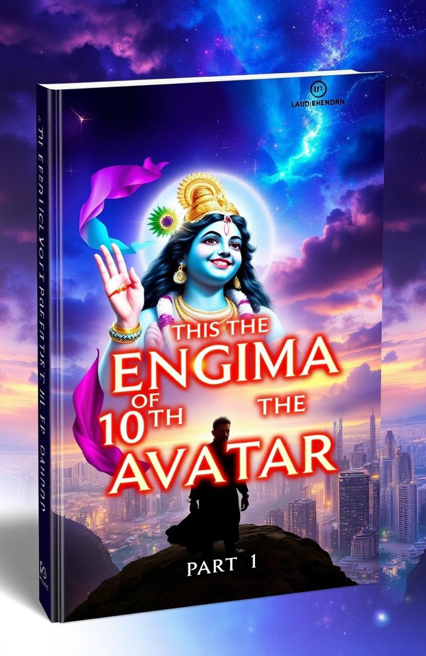 A mesmerizing book cover featuring Lord Krishna, depicted in divine splendor, joyfully laughing with cosmic energy radiating around him, symbolizing timeless wisdom