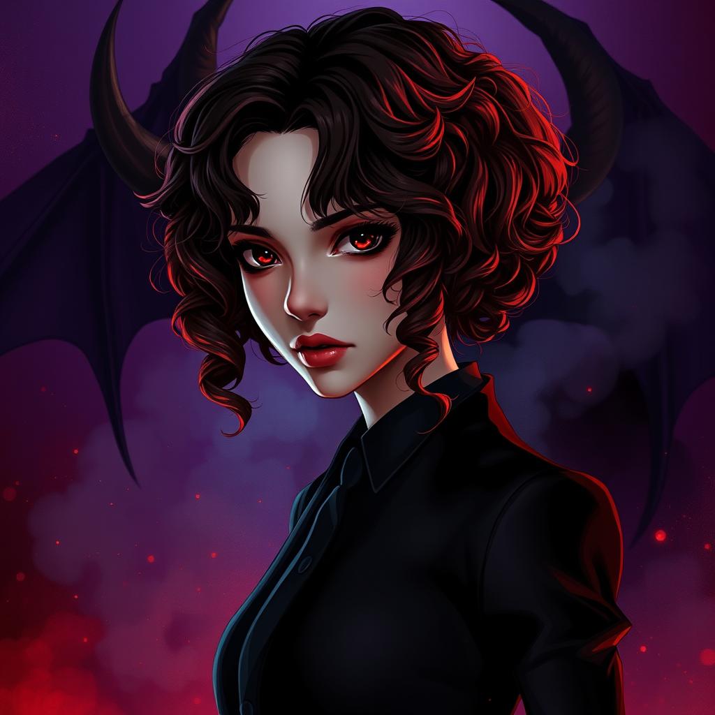 A realistic and highly detailed illustration of a mysterious girl with rich brown curly hair accentuated by striking red tips, cascading down her shoulders
