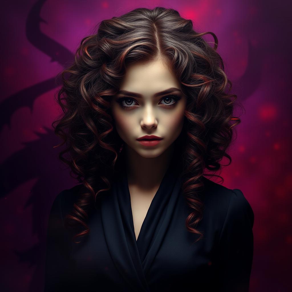 A strikingly realistic and highly detailed depiction of a mysterious girl with lush brown curly hair, highlighted by bold red tips that frame her face