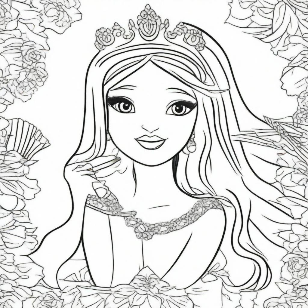 A high-quality line art image, ideal for children's coloring, showcasing a princess in a luxurious dress with long, flowing hair