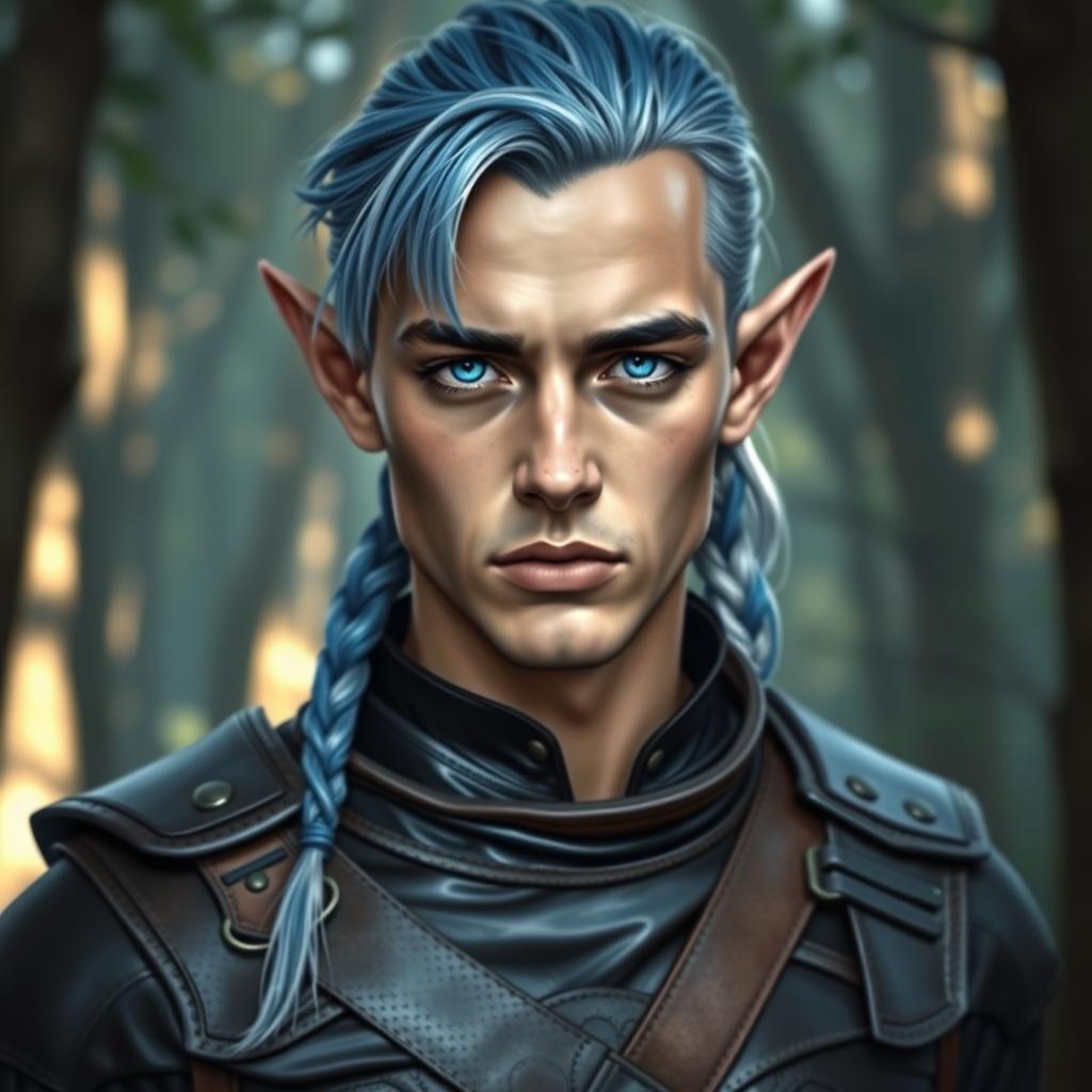A mesmerizing male elf in his early 30s, featuring elegantly pointed ears and striking piercing blue eyes that glow with intensity and wisdom