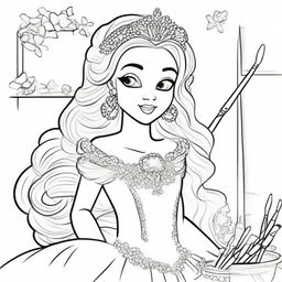 A high-quality line art image, ideal for children's coloring, showcasing a princess in a luxurious dress with long, flowing hair