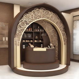 A point of sale chocolate stand designed with a modular structure that resembles an Islamic arch, featuring graceful curves and intricate patterns. The overall shape echoes traditional Islamic architecture, harmoniously blending cultural aesthetics with modern functionality.