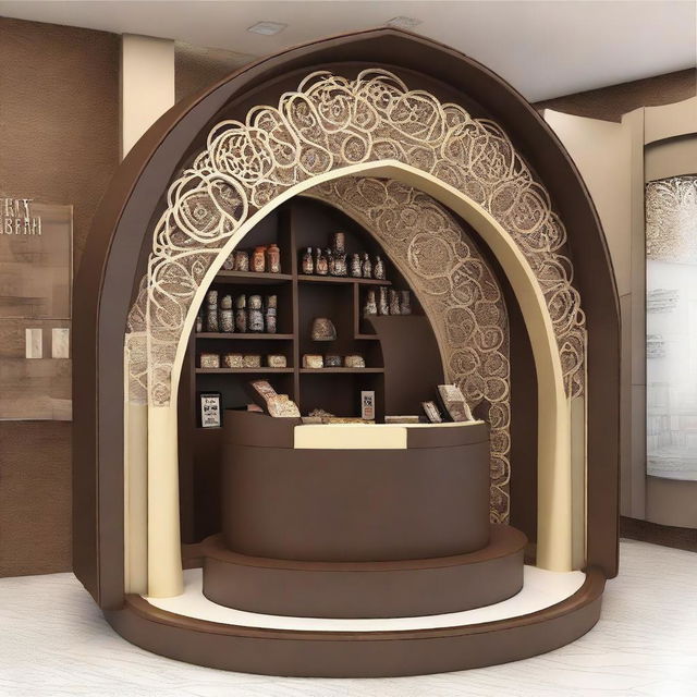 A point of sale chocolate stand designed with a modular structure that resembles an Islamic arch, featuring graceful curves and intricate patterns. The overall shape echoes traditional Islamic architecture, harmoniously blending cultural aesthetics with modern functionality.