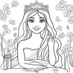 A high-quality line art image, ideal for children's coloring, showcasing a princess in a luxurious dress with long, flowing hair