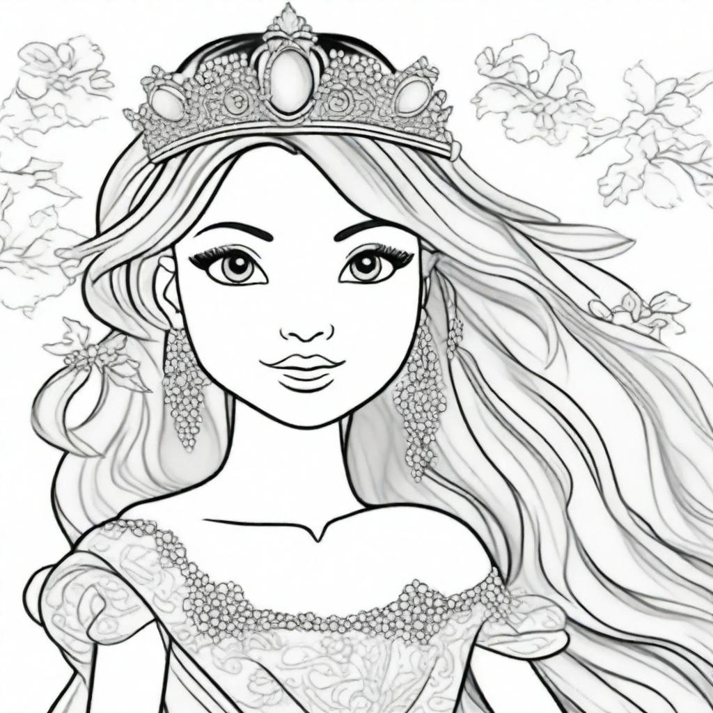 A high-quality line art image, ideal for children's coloring, showcasing a princess in a luxurious dress with long, flowing hair