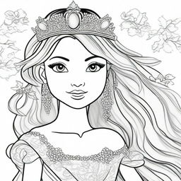 A high-quality line art image, ideal for children's coloring, showcasing a princess in a luxurious dress with long, flowing hair