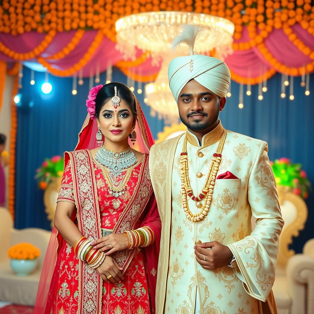 A vibrant and colorful Indian wedding scene featuring a couple dressed in traditional Indian wedding attire