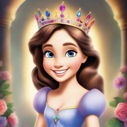 A stunning digital art image showcasing a princess placing a crown on her head with a radiant smile