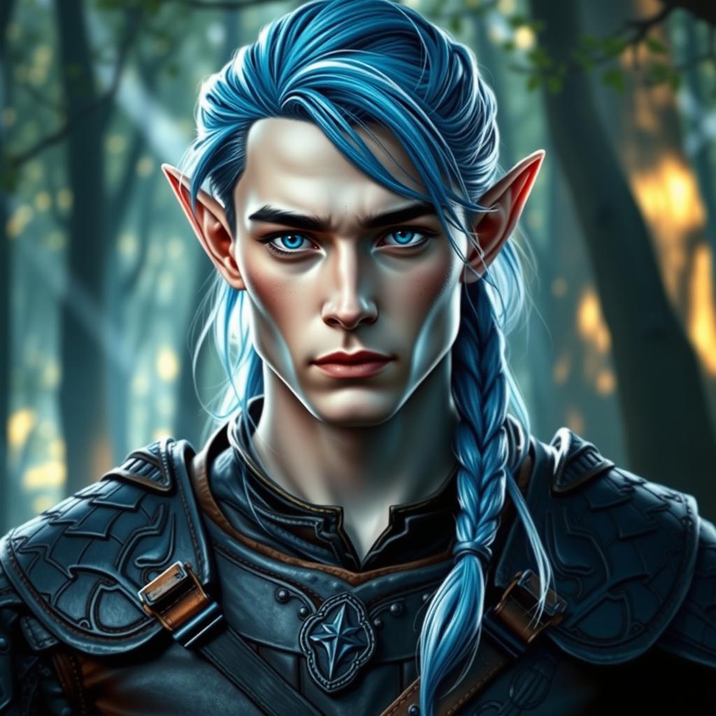 A striking male elf in his early 30s, showcasing elegantly pointed ears and captivating piercing blue eyes that convey strength and mystique