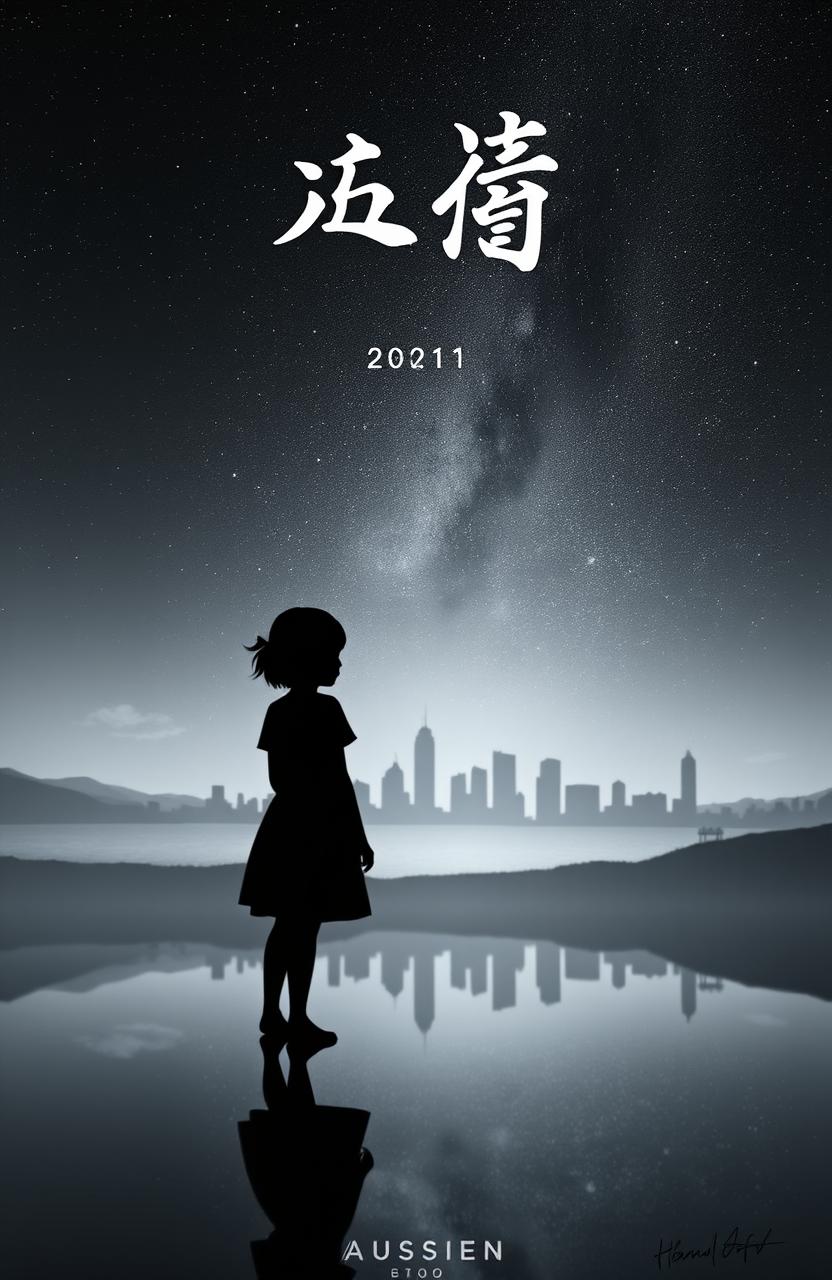 A silhouette of a girl or a man standing alone, gazing towards a distant city skyline or an expansive sky adorned with stars