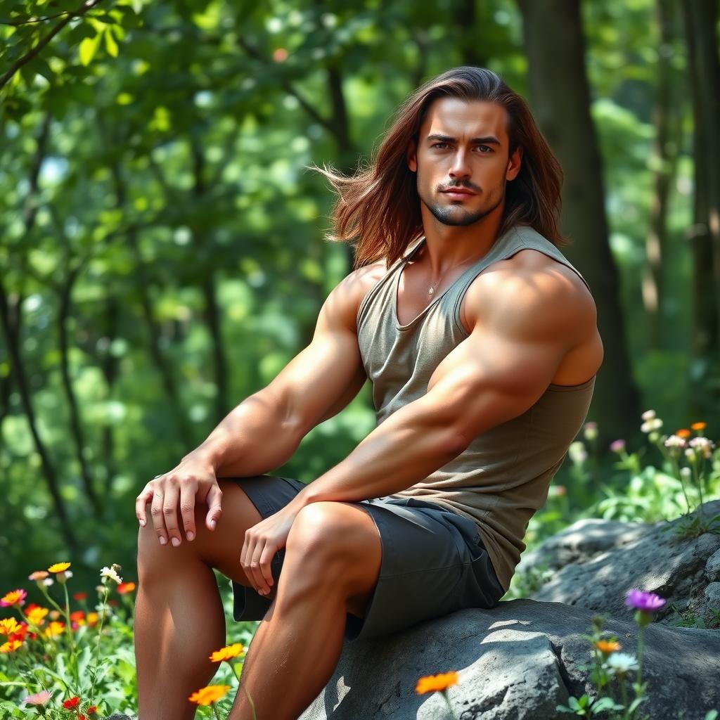 A muscular man sitting on a rock in a serene forest setting, surrounded by lush green trees and colorful wildflowers, with long flowing hair cascading down his shoulders