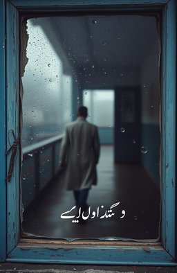 An old, slightly broken window with rain droplets on the glass, capturing a nostalgic and melancholic atmosphere