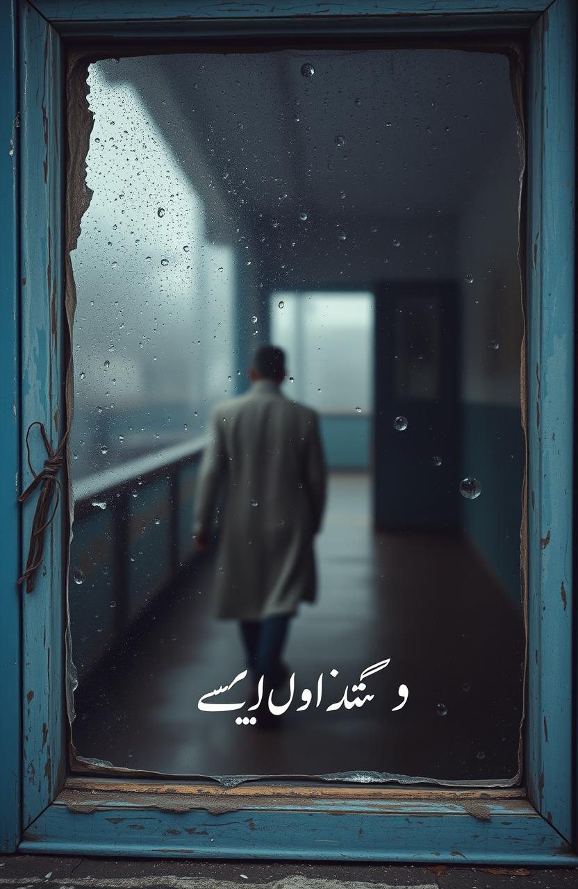 An old, slightly broken window with rain droplets on the glass, capturing a nostalgic and melancholic atmosphere