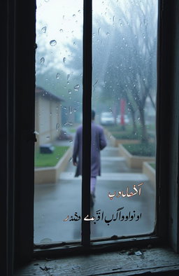 An old, slightly broken window with rain droplets on the glass, capturing a nostalgic and melancholic atmosphere