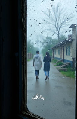 An old, slightly broken window with rain droplets on the glass, capturing a nostalgic and melancholic atmosphere