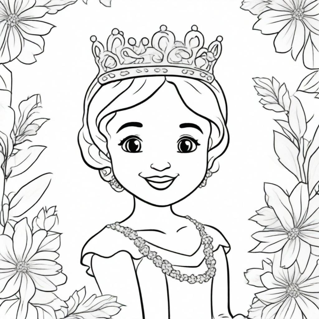 A high-quality line art image perfect for children's coloring, featuring a princess placing a crown on her head with a beautiful smile