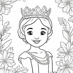 A high-quality line art image perfect for children's coloring, featuring a princess placing a crown on her head with a beautiful smile