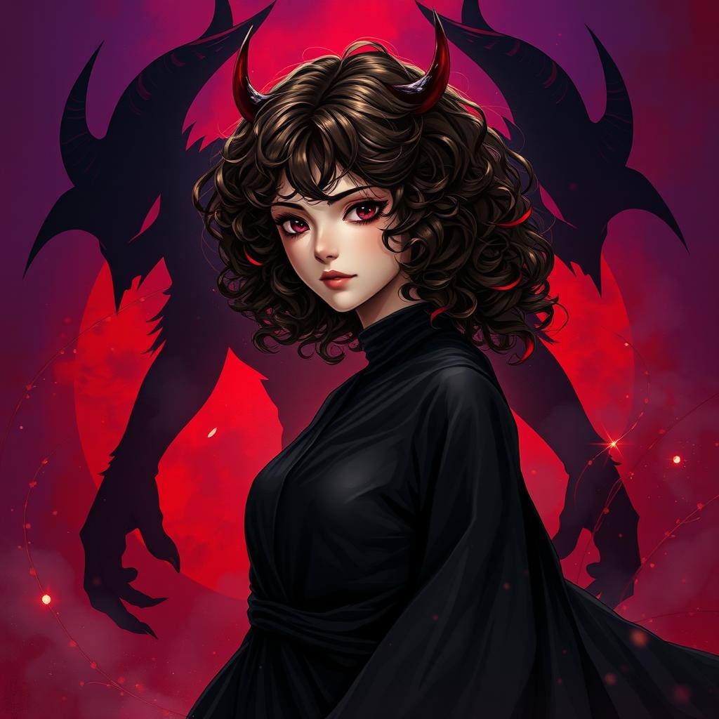 A highly detailed and realistic full-body illustration of a mysterious girl with voluminous brown curly hair decorated with vibrant red tips