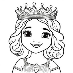 A high-quality line art image perfect for children's coloring, featuring a princess placing a crown on her head with a beautiful smile