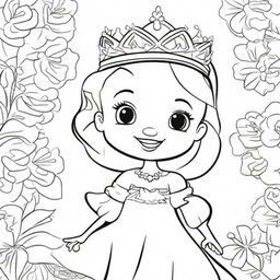 A high-quality line art image perfect for children's coloring, featuring a princess placing a crown on her head with a beautiful smile