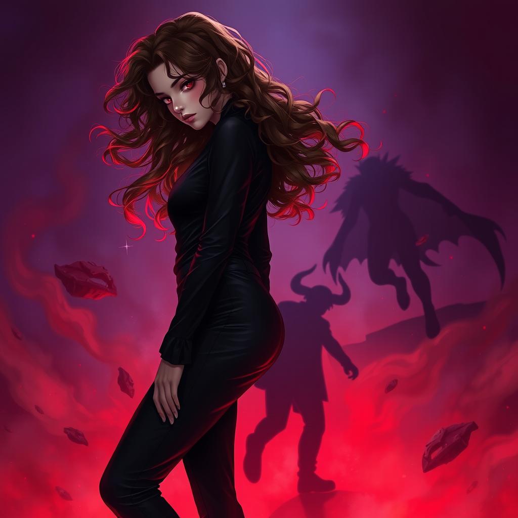 A stunningly realistic and detailed full-body illustration of a mysterious girl with flowing brown curly hair highlighted by vibrant red tips