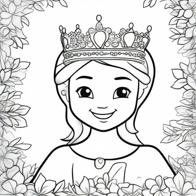 A high-quality line art image perfect for children's coloring, featuring a princess placing a crown on her head with a beautiful smile