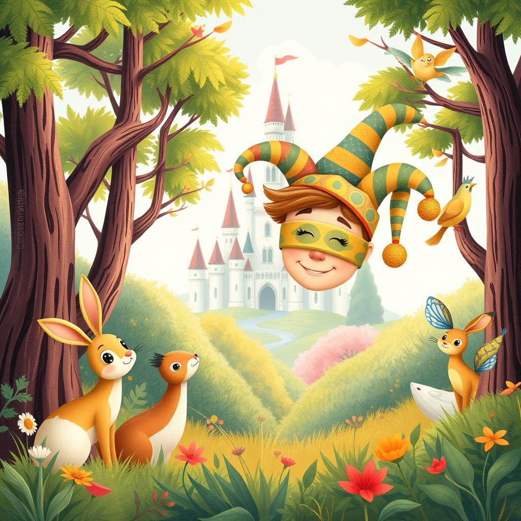 A whimsical book cover illustration for a children's fable featuring a blind boy who becomes a court jester