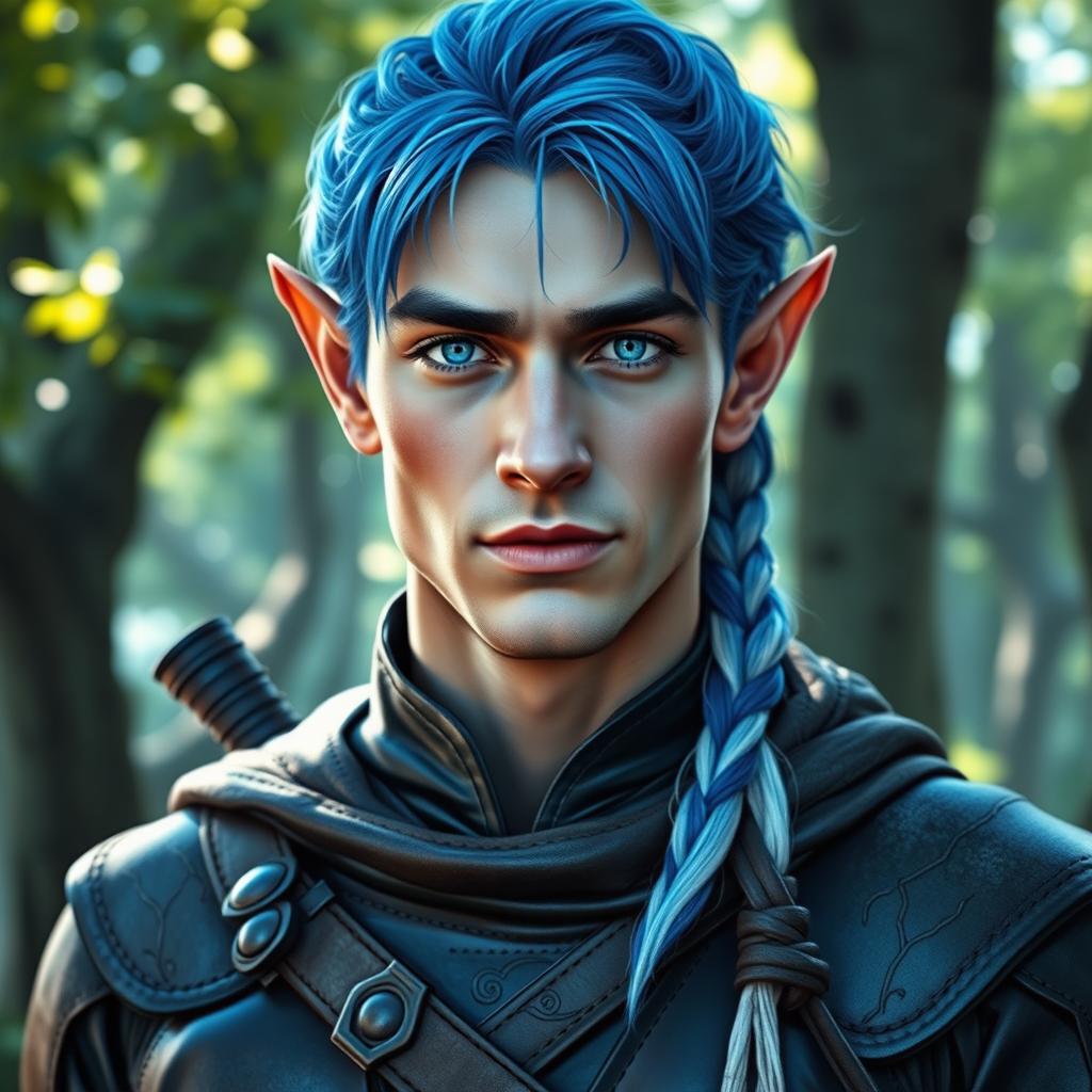A stunning male elf in his early 30s, showcasing finely pointed ears and piercing blue eyes that radiate charisma and mystique