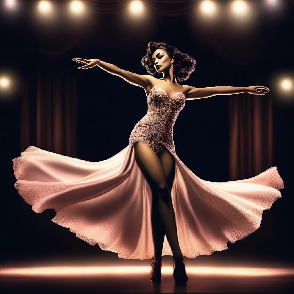 A digital art piece of a woman in a tasteful, elegant burlesque outfit, performing a dance