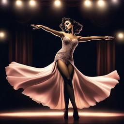 A digital art piece of a woman in a tasteful, elegant burlesque outfit, performing a dance