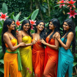 A captivating scene featuring five attractive Indian women in a lush outdoor setting, wearing vibrant, wet clothing that clings to their bodies