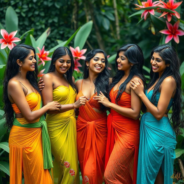 A captivating scene featuring five attractive Indian women in a lush outdoor setting, wearing vibrant, wet clothing that clings to their bodies