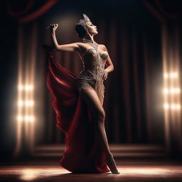 A digital art piece of a woman in a tasteful, elegant burlesque outfit, performing a dance